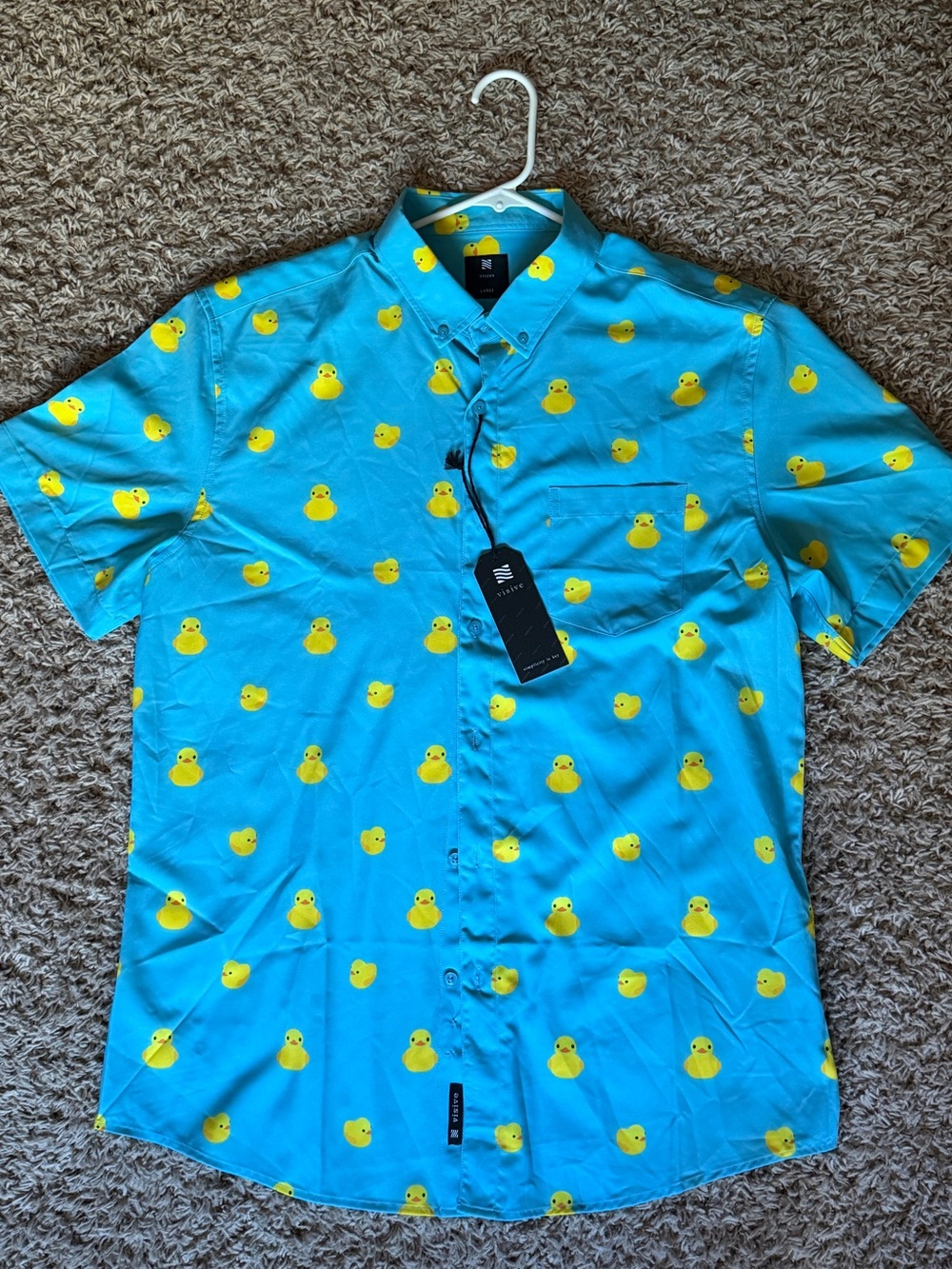 Men's Turquoise Short-Sleeve Button-Down Shirt with Yellow Duck Print